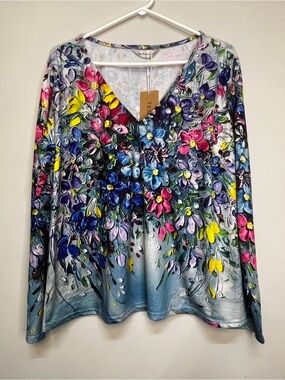 Floral V-Neck Long Sleeve Top Shirt Multicoloured size XXL, 2XL